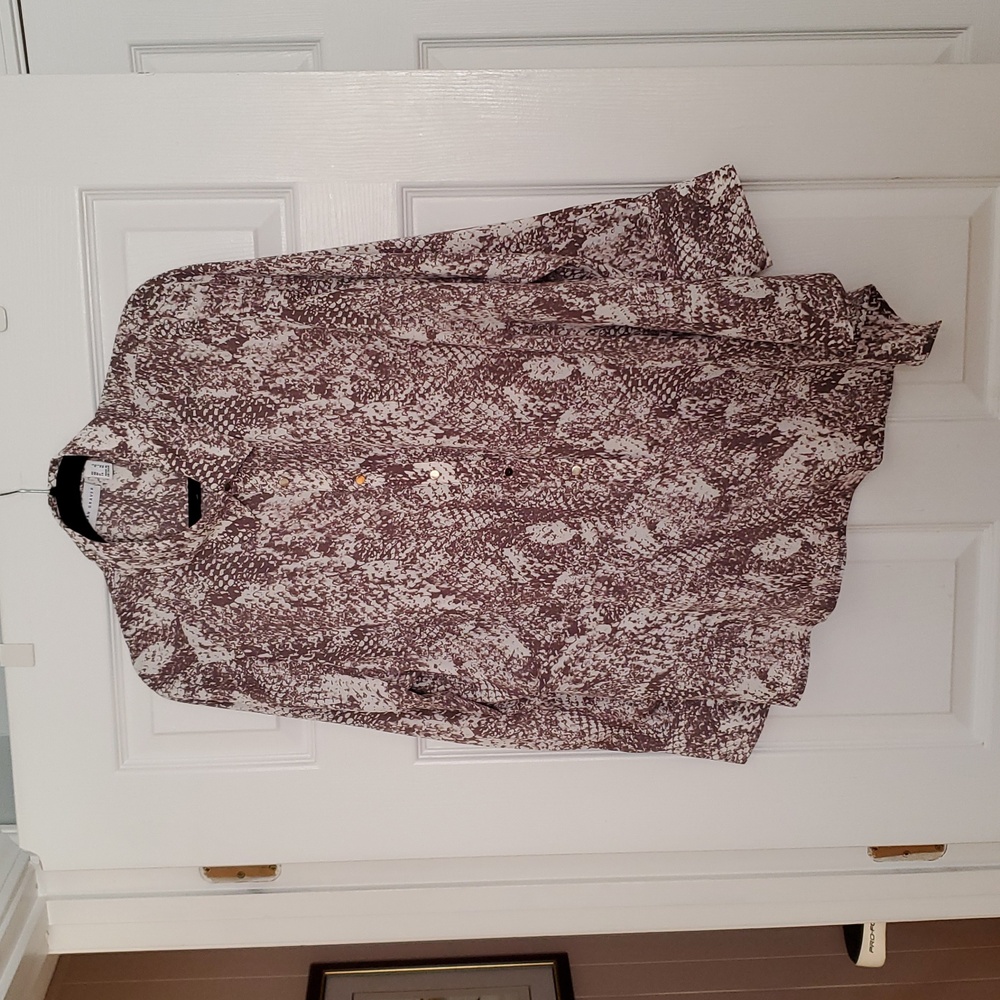 SUSAN GRAVER taupe snake print asymmetrical button down peplum blouse.